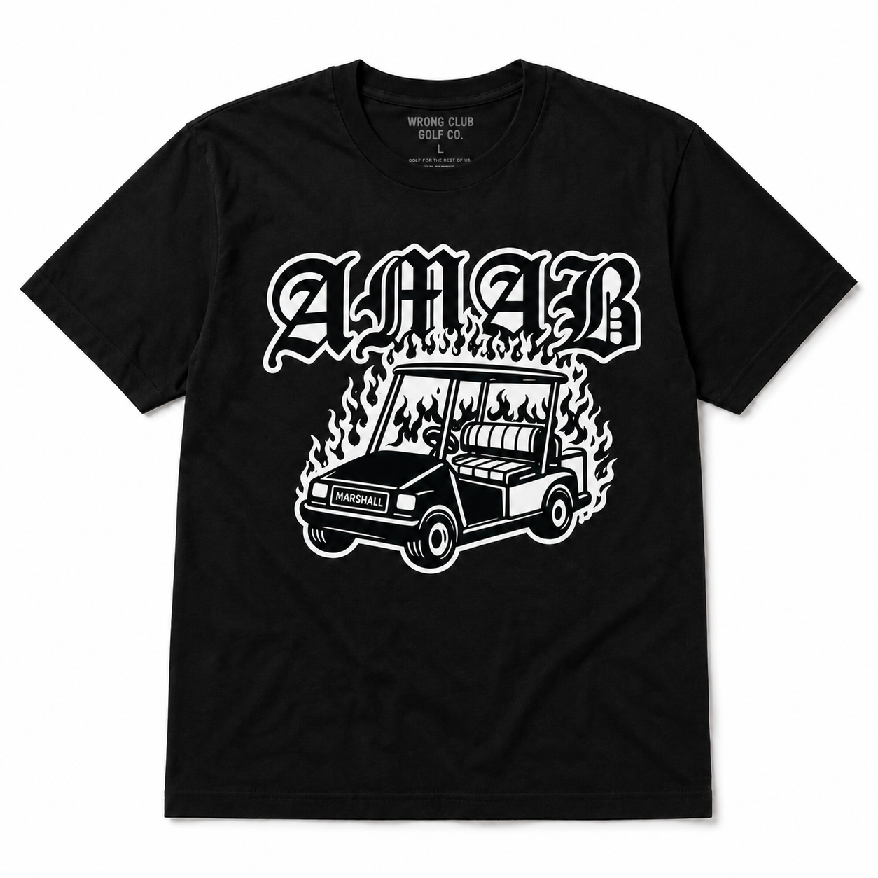 Black Burning Marshal Tee with a white flaming golf cart graphic
