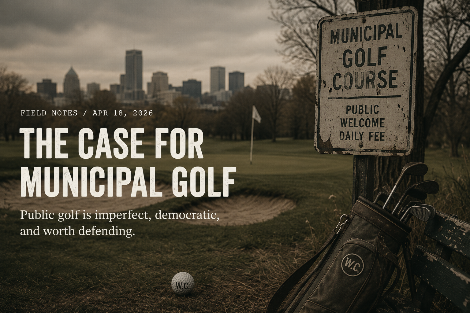 Municipal golf course beside a city skyline with a public-course sign and golf bag