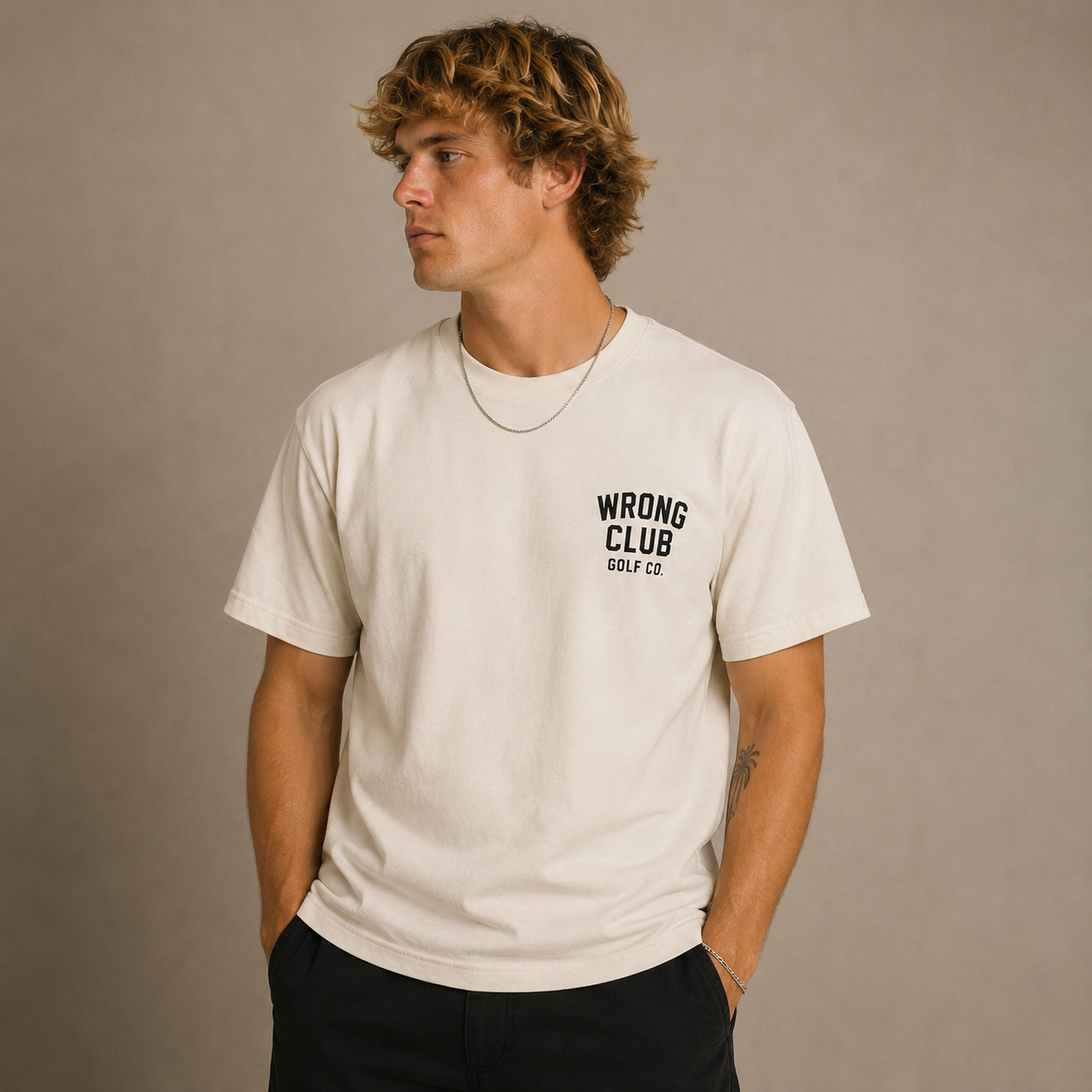 Model wearing the bone Wrong Club Mark Tee